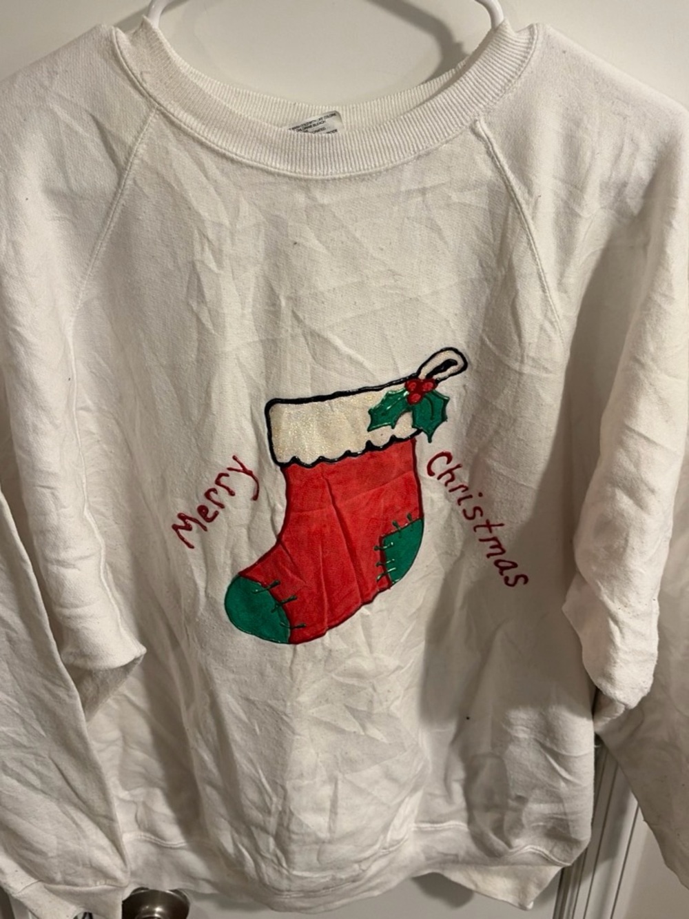 Just My Size White Sweatshirt with Red & Green Christmas Stocking